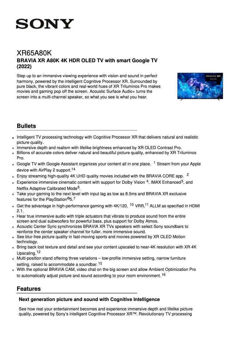 Page 1 de la notice Fiche technique Sony XR-65A80K