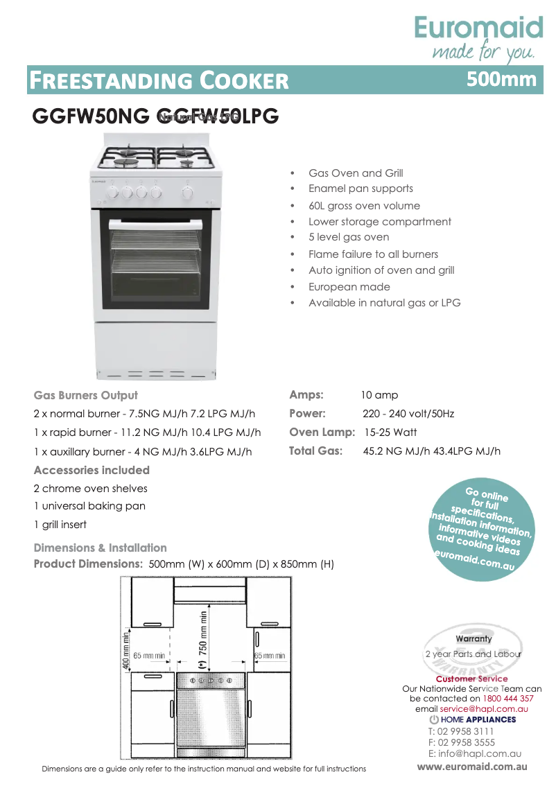 Page 1 de la notice Fiche technique Euromaid GGFW50NG