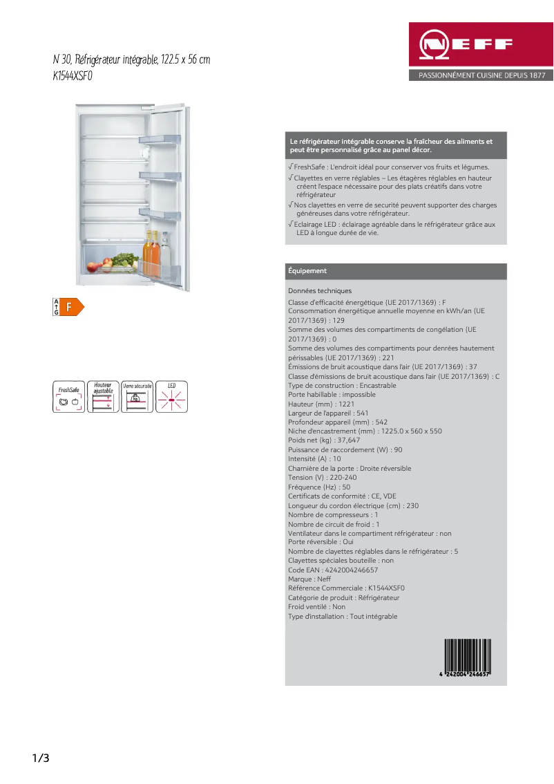 Page 1 de la notice Fiche technique Neff K1544XSF0