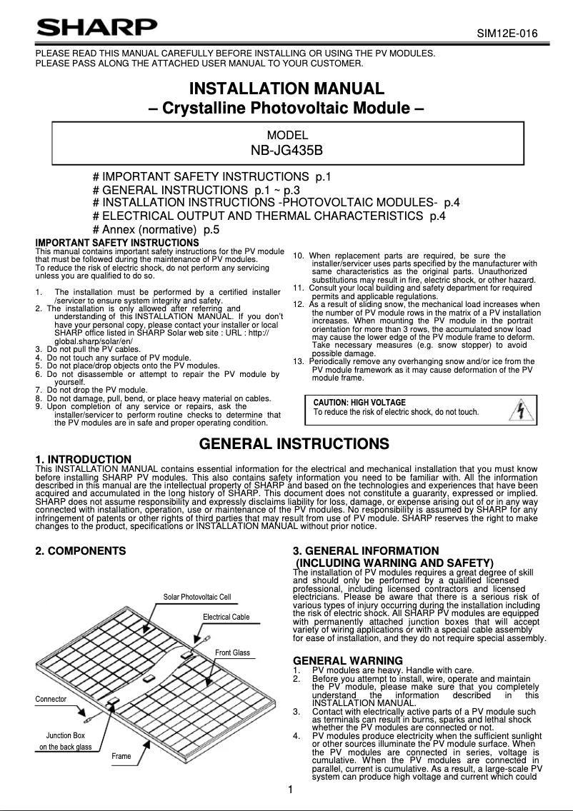 Page 1 de la notice Manuel utilisateur Sharp NB-JG435B