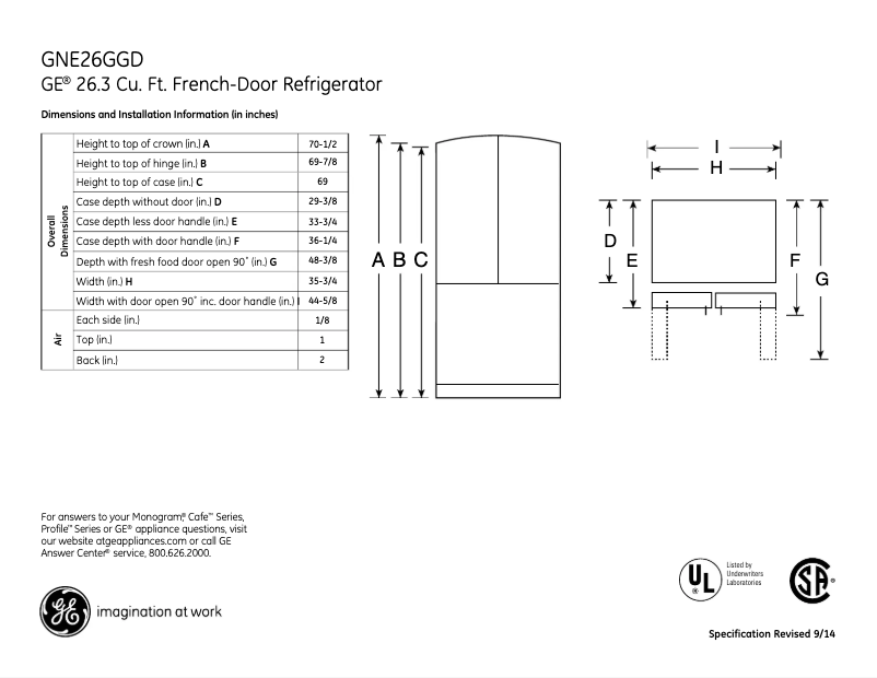 Page 1 de la notice Fiche technique GE GNE26GGDWW
