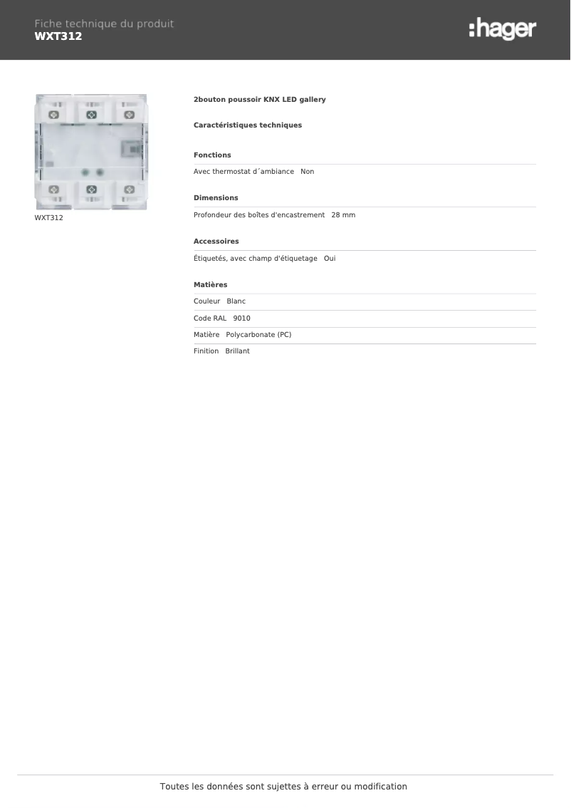 Page 1 de la notice Fiche technique Hager WXT312