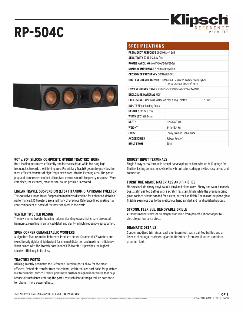 Page 1 de la notice Fiche technique Klipsch Reference Premiere RP-504C
