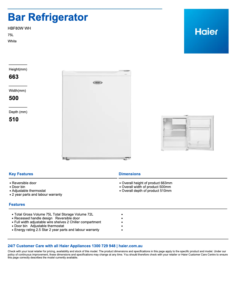 Page 1 de la notice Fiche technique Haier HBF80W