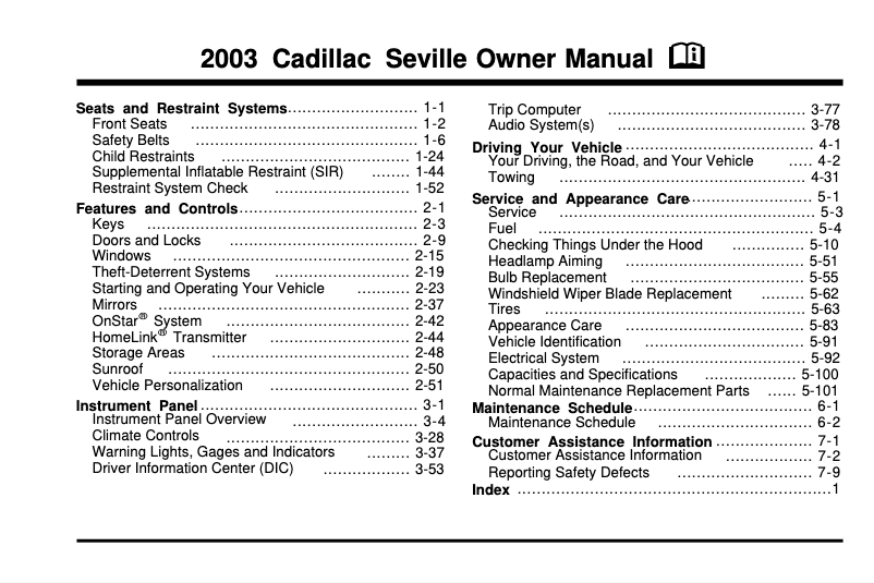 Page 1 de la notice Manuel utilisateur Cadillac Seville (1996)