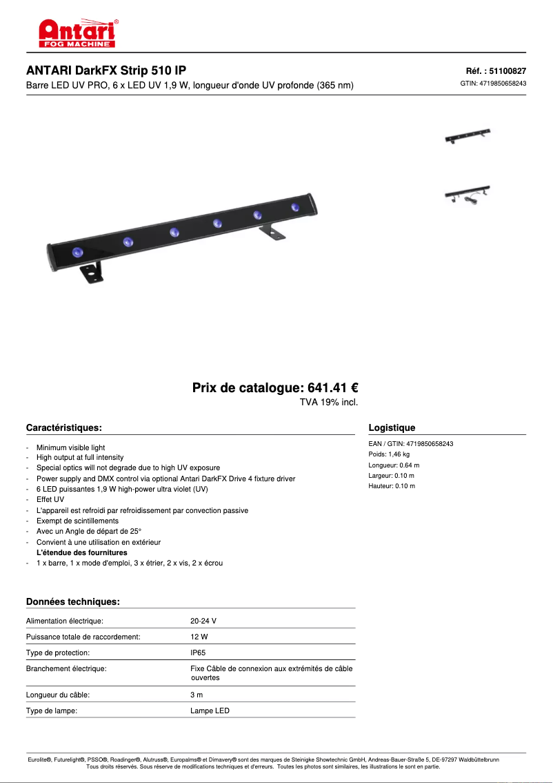 Page 1 de la notice Fiche technique Antari DarkFX Strip 510 IP