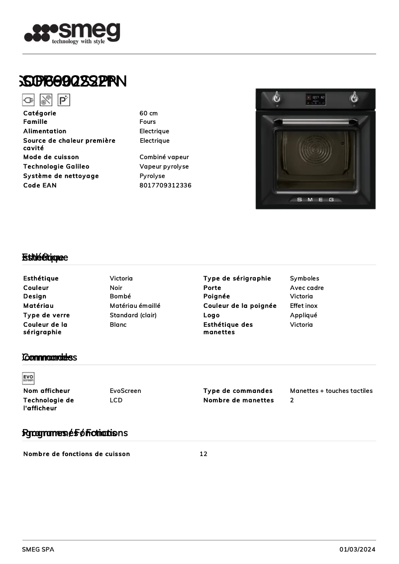 Page 1 de la notice Fiche technique Smeg SOP6902S2PN