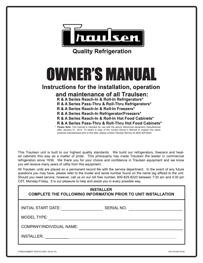 Page 1 de la notice Manuel utilisateur Traulsen AHT332WPUT-FHS