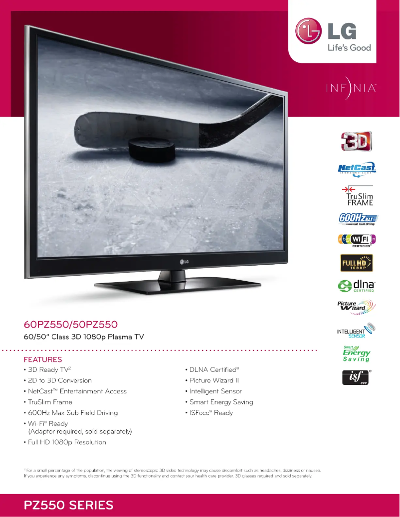 Page 1 de la notice Fiche technique LG 50PZ550