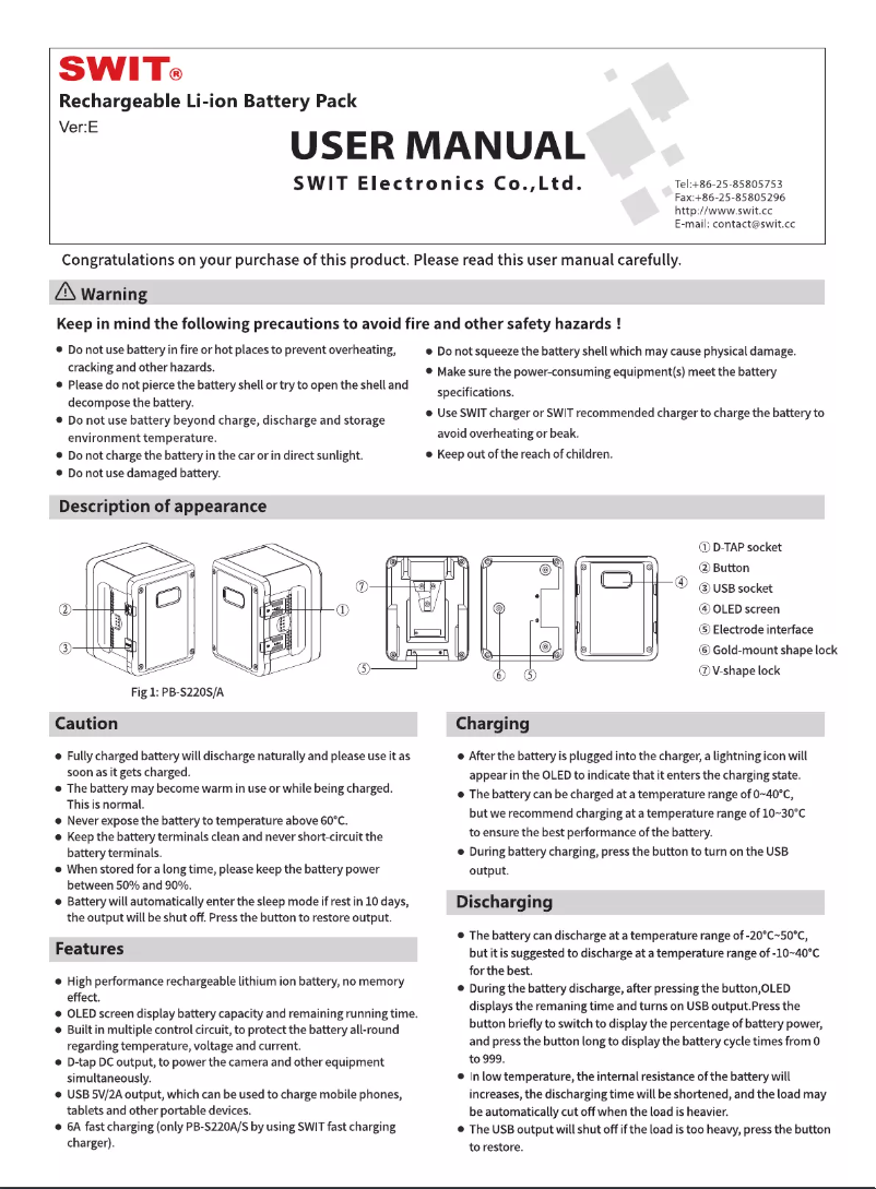 Page 1 de la notice Manuel utilisateur SWIT PB-S290 Mini