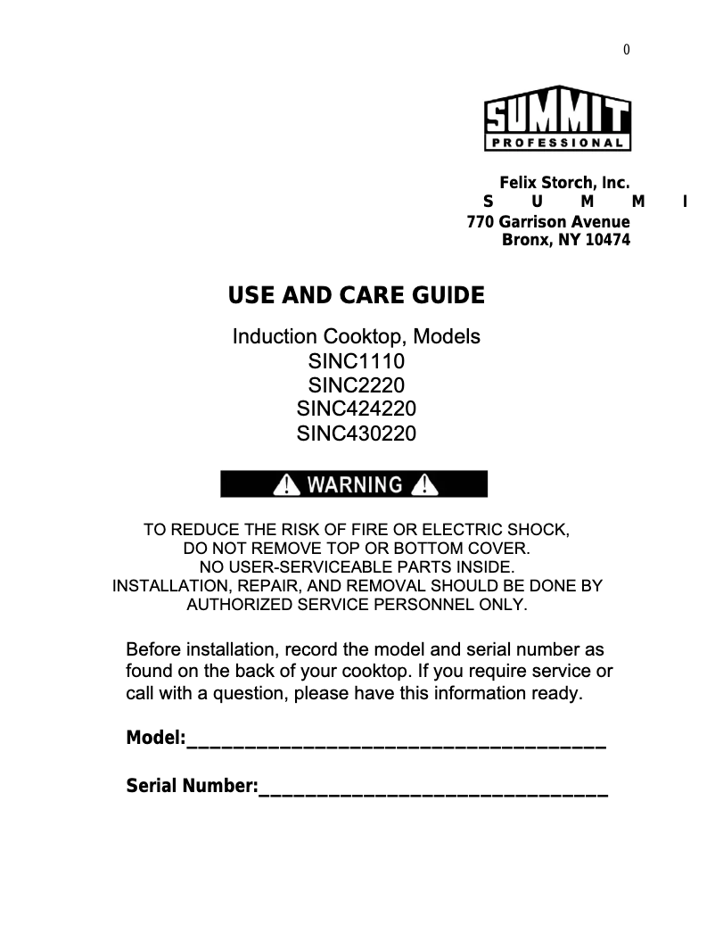 Page 1 de la notice Manuel d'utilisation et d'entretien Summit SINC424220