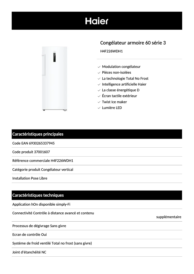Page 1 de la notice Fiche technique Haier H4F226WDH1