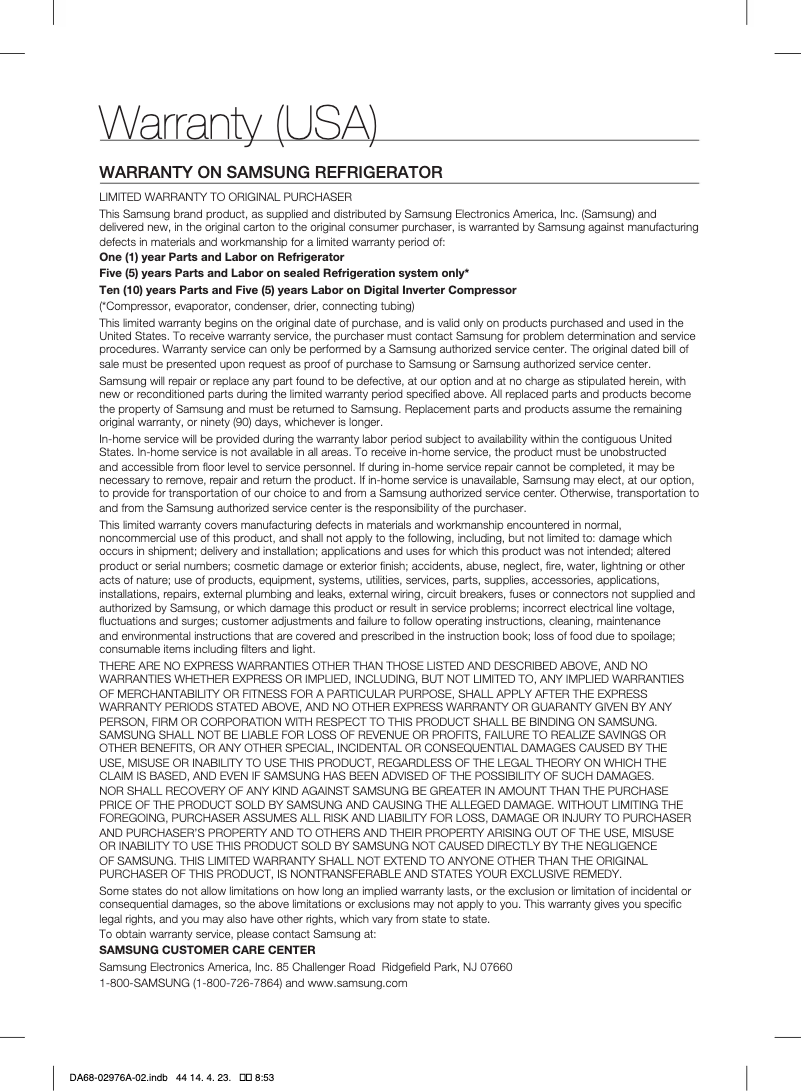 Page 1 de la notice Informations de garantie Samsung RF27T5201SR