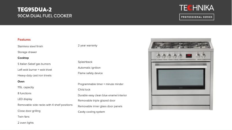 Página 1 del manual Ficha técnica Technika TEG95DUA-2