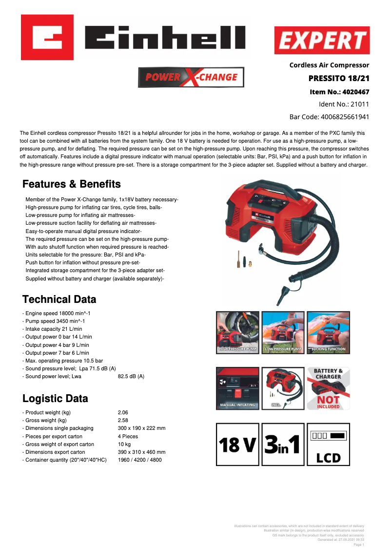 Page 1 of the manual Technical Sheet Einhell Pressito 18/21