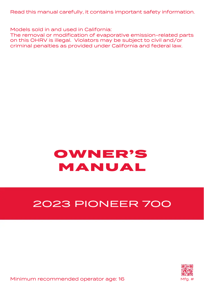 Page 1 de la notice Manuel utilisateur Honda Pioneer 700-4 (2023)
