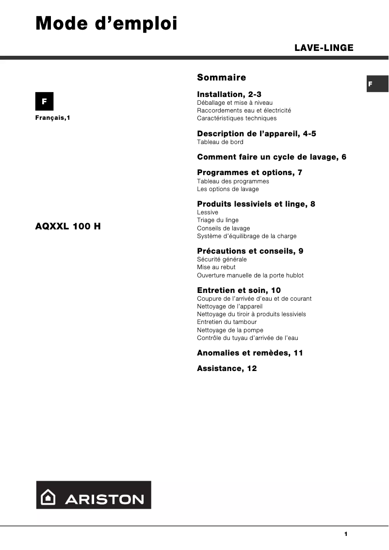 Página 1 del manual Manual de usuario Ariston Thermo AQXXL100H
