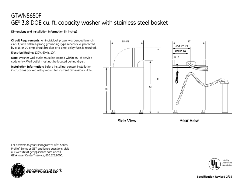Página 1 del manual Ficha técnica GE GTWN5650FWS