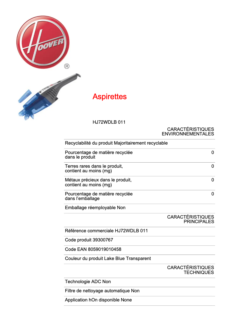 Page 1 de la notice Fiche technique Hoover Jive Lithium HJ72WDLB 011