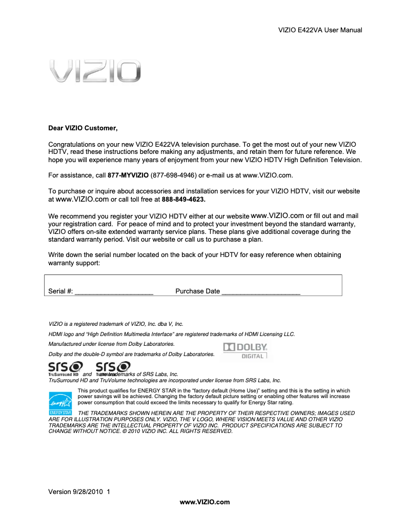 Page 1 de la notice Manuel utilisateur VIZIO E422VA