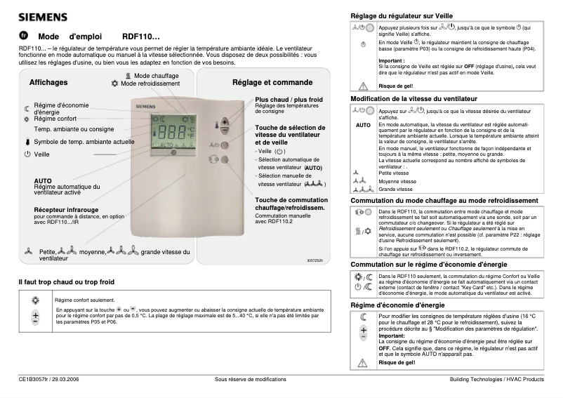 Page 1 de la notice Manuel utilisateur Siemens RDF110