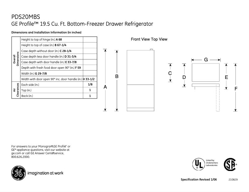 Página 1 del manual Ficha técnica GE Profile PDS20MBSWW