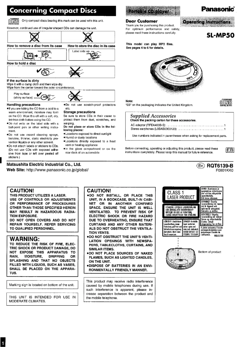Page 1 de la notice Manuel utilisateur Panasonic SL-MP50