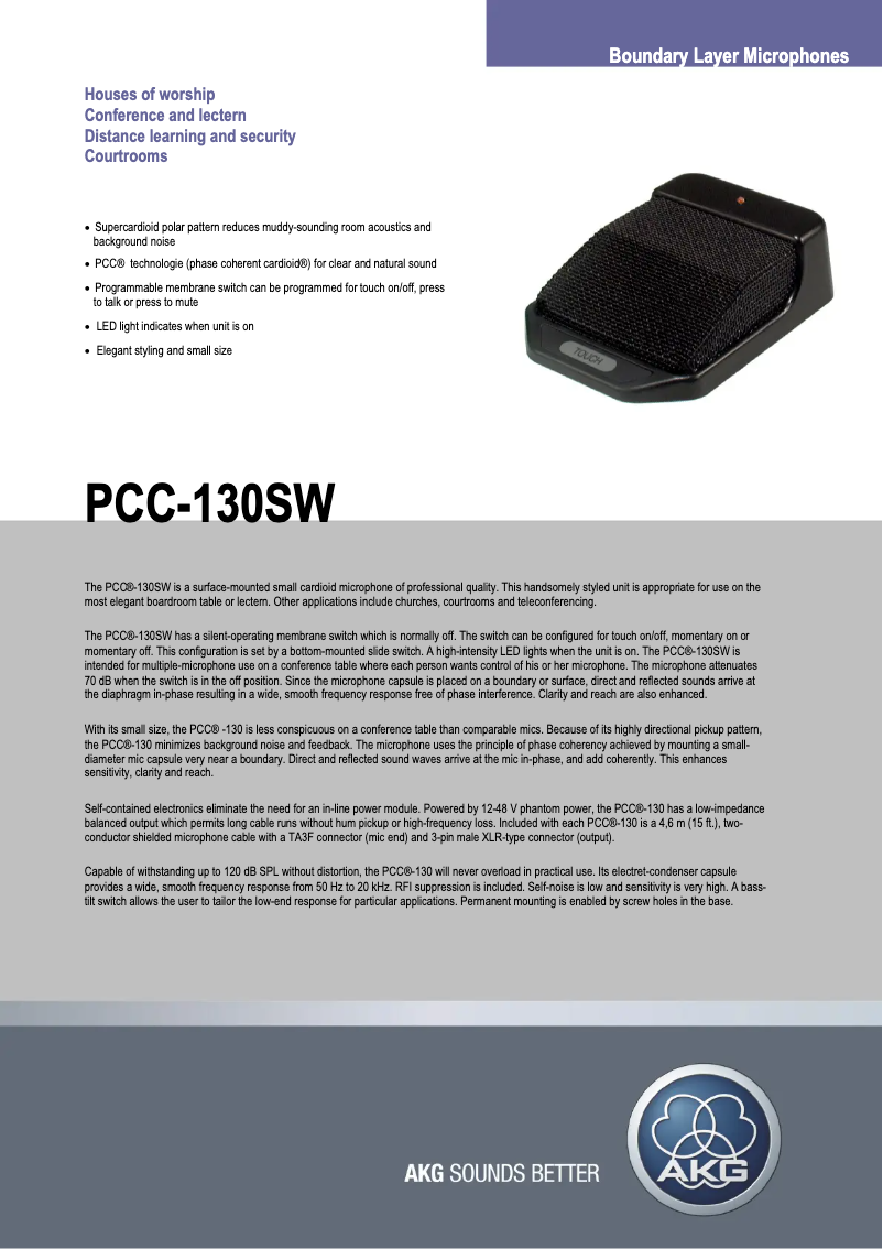 Page 1 de la notice Fiche technique AKG PCC-130SW