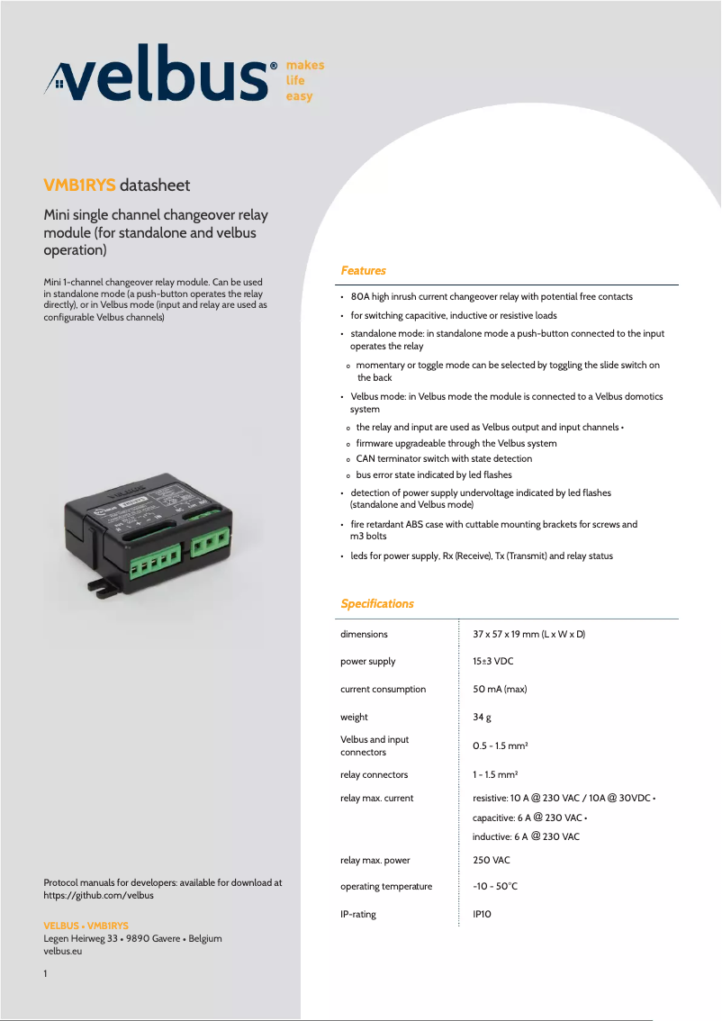 Page 1 de la notice Fiche technique Velbus VMB1RYS