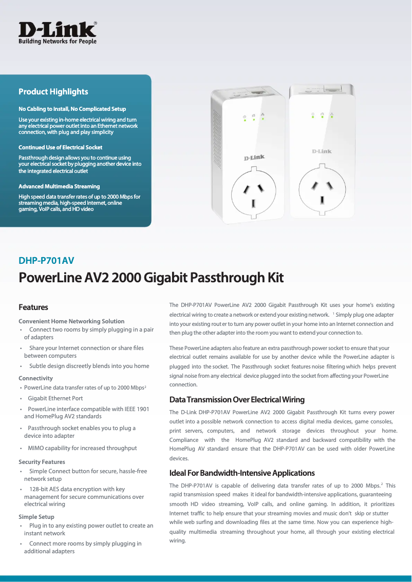 Page 1 de la notice Fiche technique D-Link DHP-P701AV