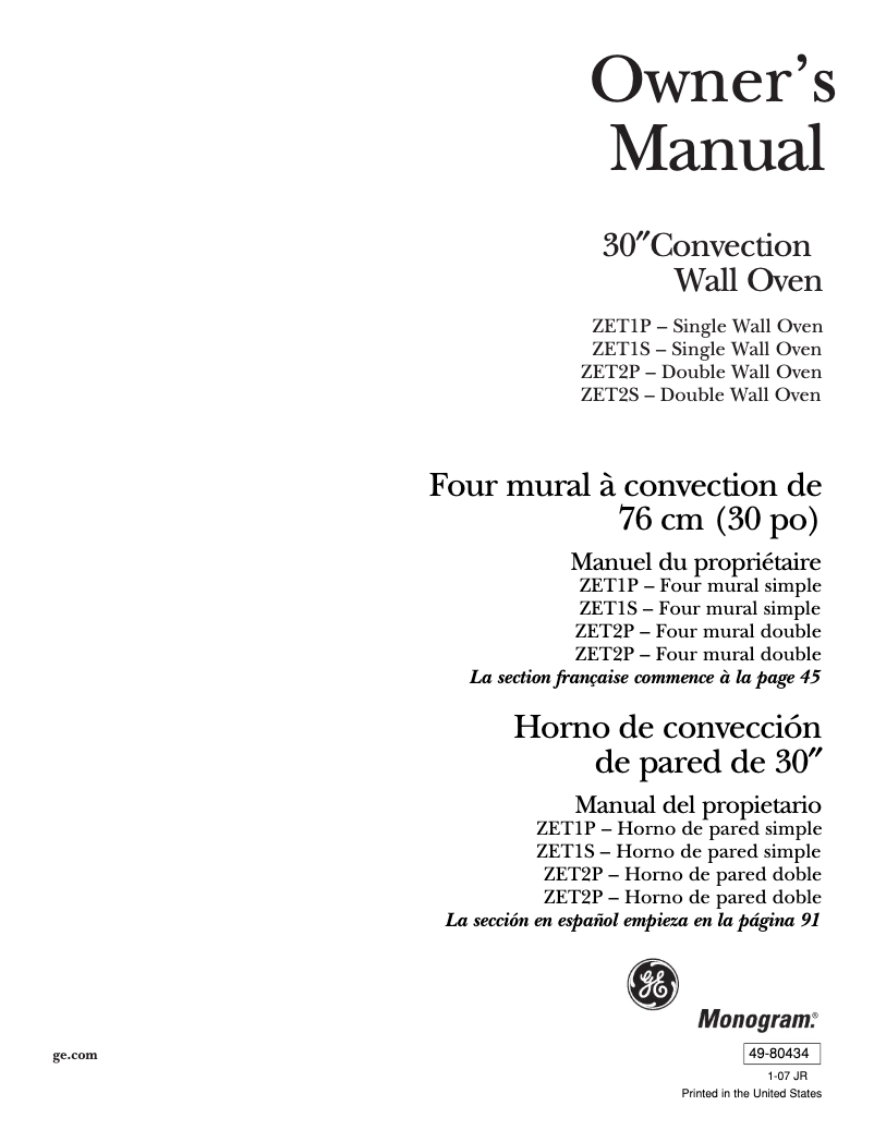 Página 1 del manual Manual de uso y mantenimiento GE ZET1SLSS