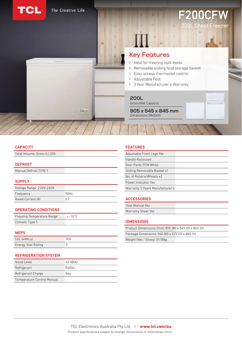 Page 1 of the manual Technical Sheet TCL F200CFW
