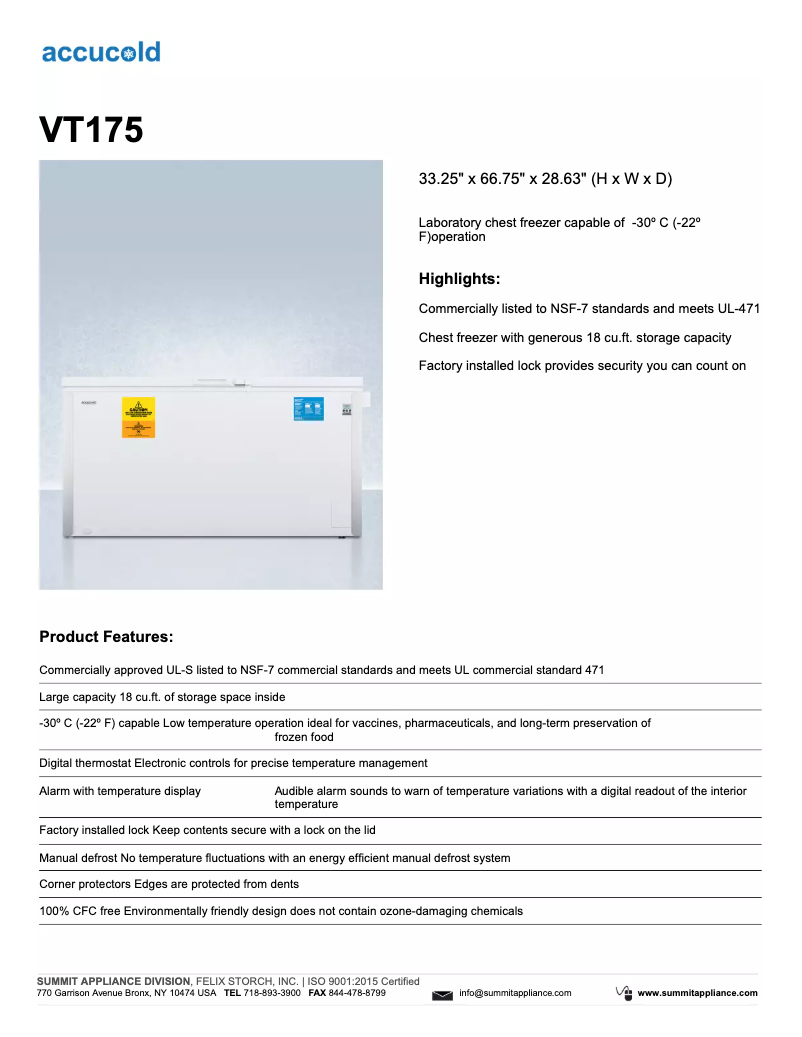 Page 1 de la notice Fiche technique Summit Accucold VT175