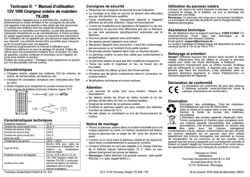 Page 1 de la notice Manuel utilisateur Technaxx TX-209