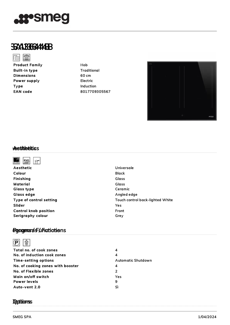 Página 1 del manual Ficha técnica Smeg SAI3644B