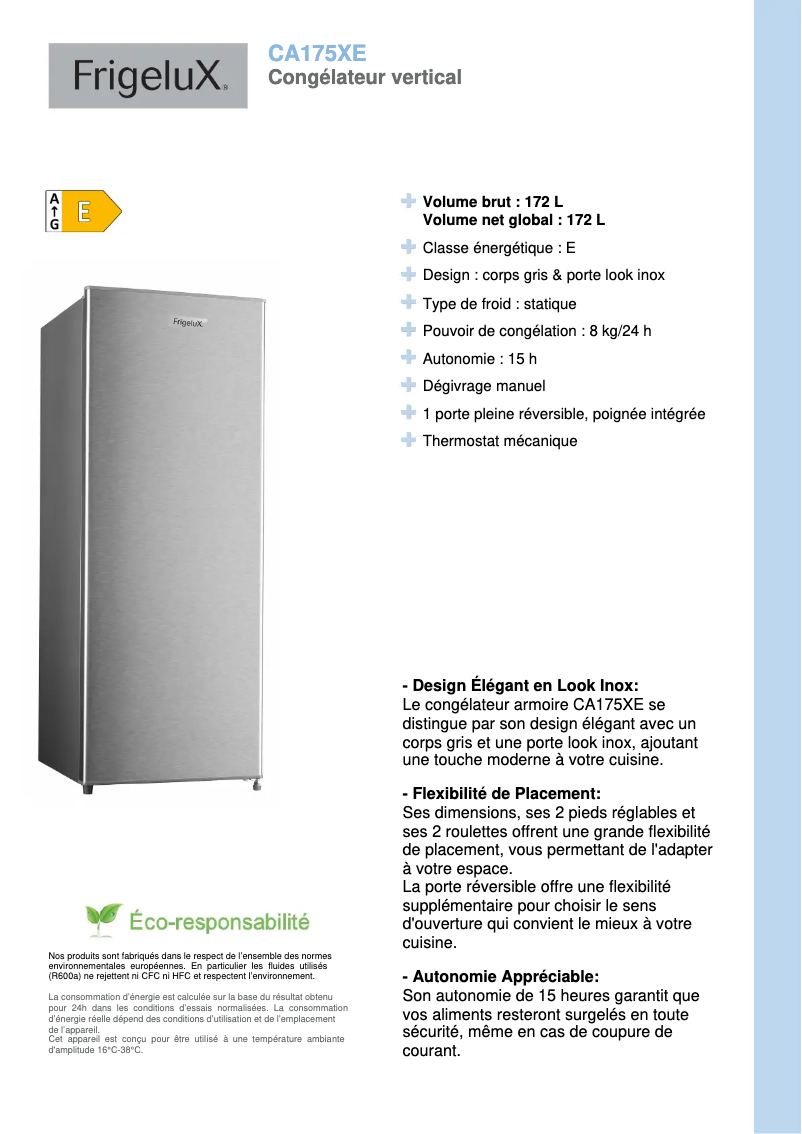 Página 1 del manual Ficha técnica FrigeluX CA175XE