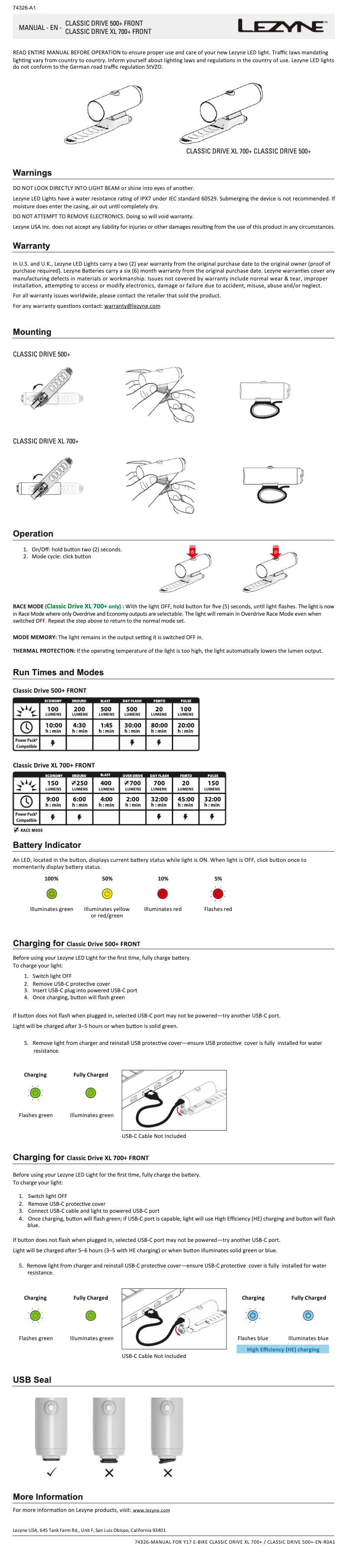Page 1 de la notice Manuel utilisateur Lezyne Classic Drive 500+ Front