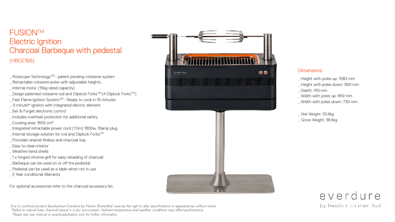 Page 1 de la notice Fiche technique Everdure Fusion HBCE1BS