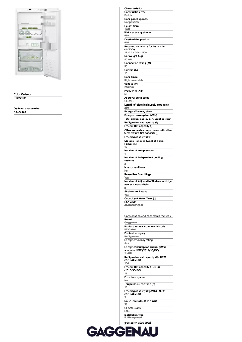 Page 1 de la notice Fiche technique Gaggenau RT222102