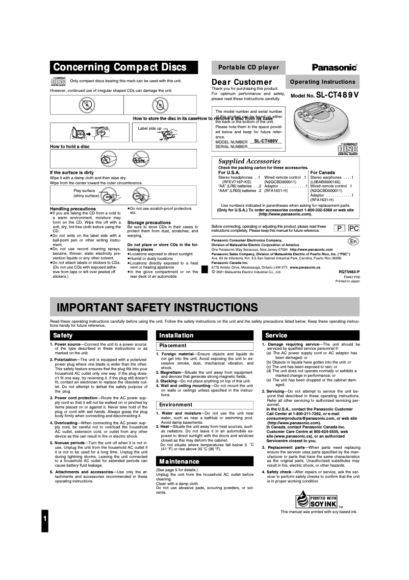 Page 1 de la notice Manuel utilisateur Panasonic SL-CT489V