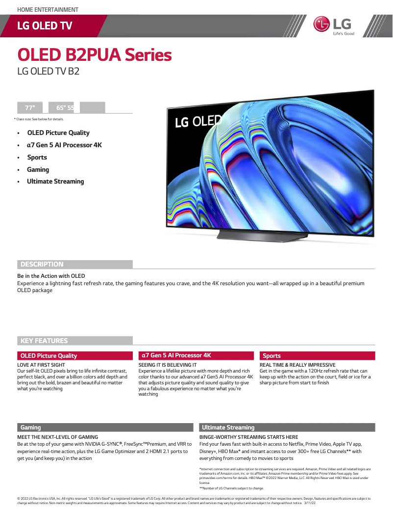 Page 1 de la notice Fiche technique LG OLED65B2PUA