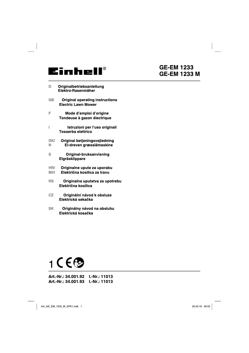 Page 1 de la notice Manuel utilisateur Einhell GE-EM 1233