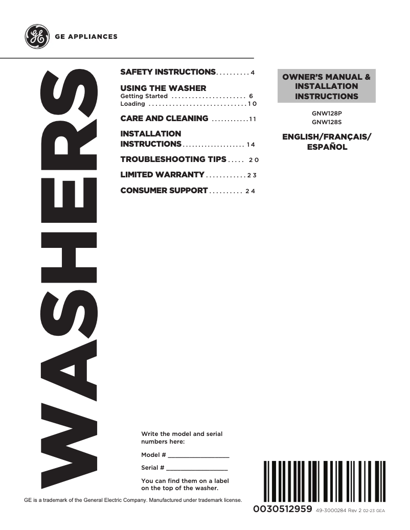 Page 1 of the manual Use and Maintenance Manual GE GNW128PSMWW