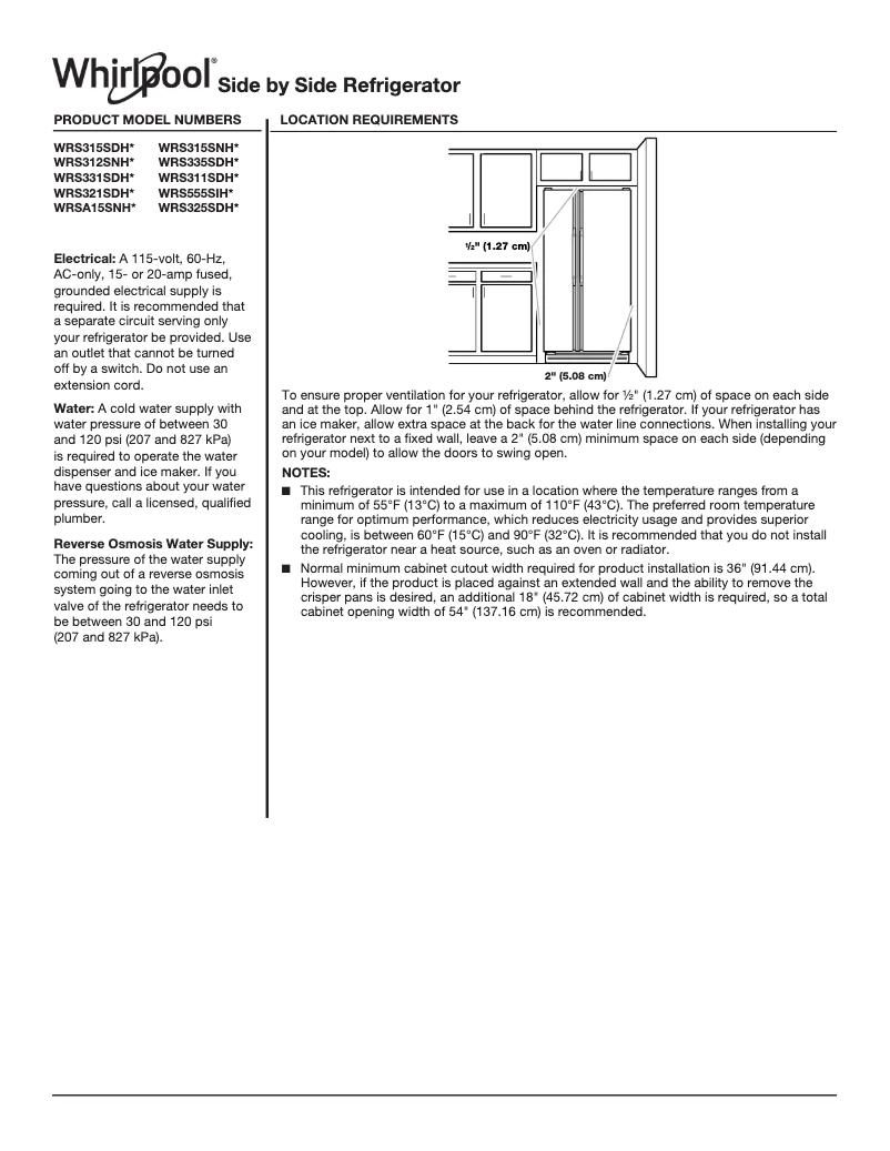 Page 1 de la notice Fiche technique Whirlpool WRS315SNH