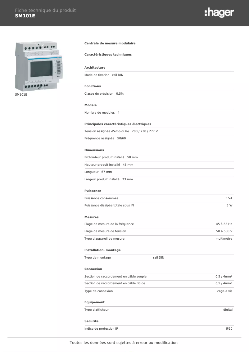 Page 1 de la notice Fiche technique Hager SM101E