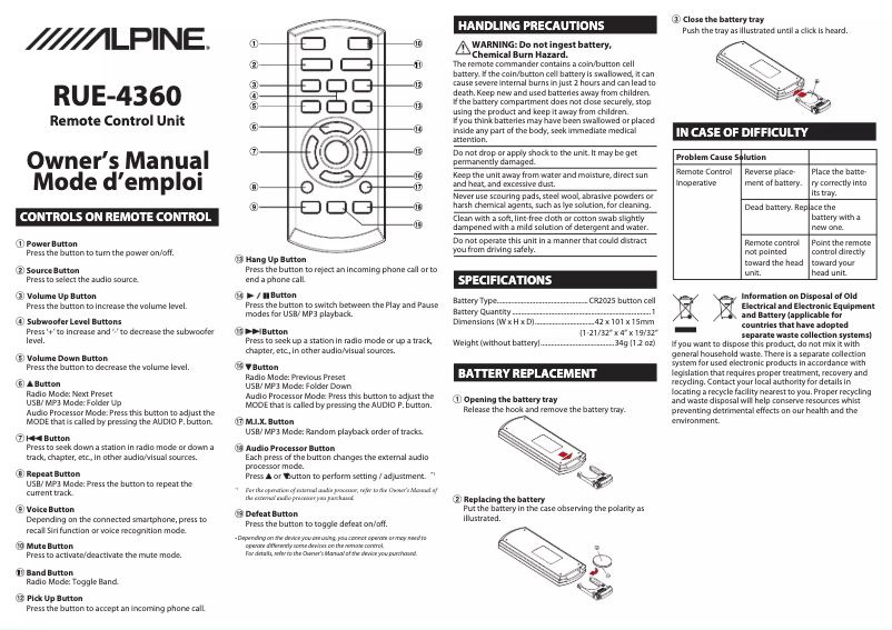 Page 1 de la notice Manuel utilisateur Alpine RUE-4360