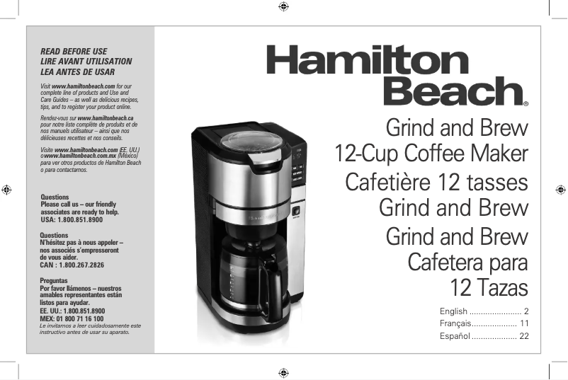 Page 1 de la notice Manuel utilisateur Hamilton Beach Grind & Brew 45500