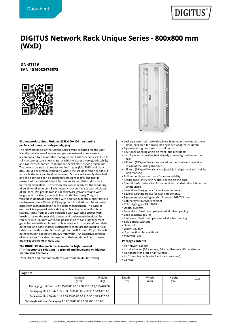 Page 1 de la notice Fiche technique Digitus DN-31119