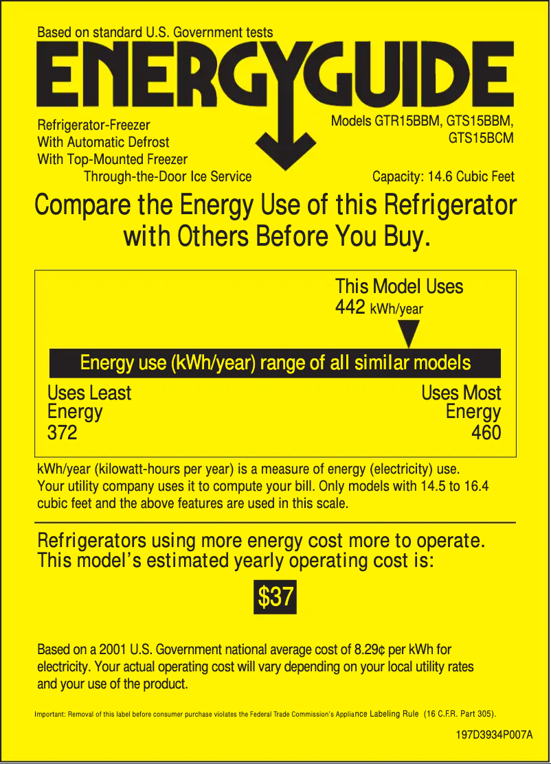 Page 1 de la notice Label énergétique GE GTR15BBMLAA