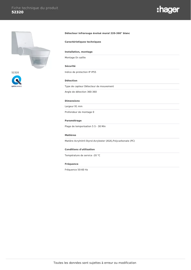 Page 1 de la notice Fiche technique Hager 52320